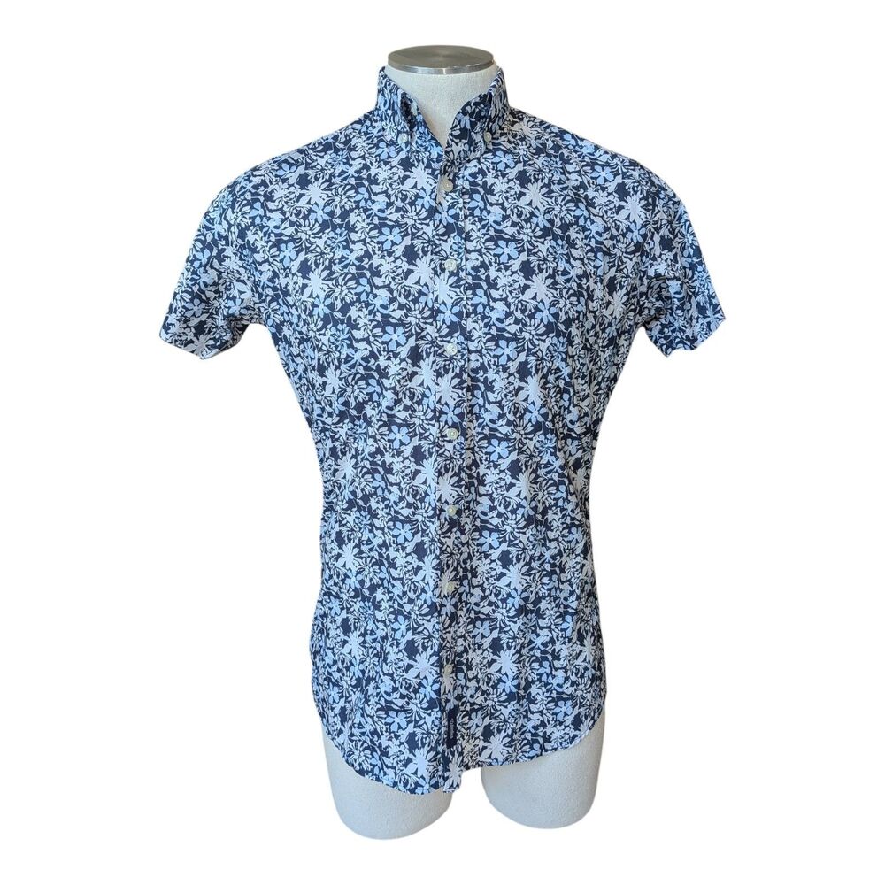 Woodies Retro Lounge Blue Floral Short Sleeve Button Down Shirt Size Large Hip